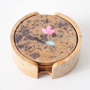 Set of 6 Stone Coasters w/ Floral Inlay | Made in India | *Chip*